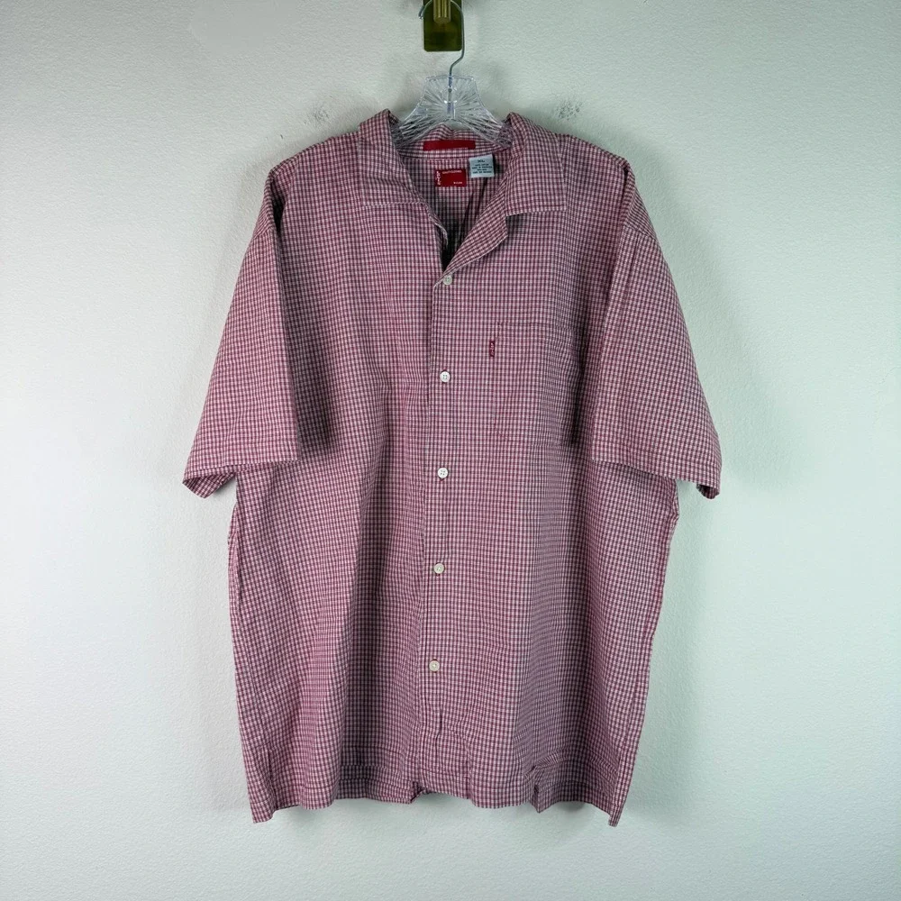 Levis Button Down Shirt Mens XL Red White Micro Check Short Sleeve Camp Collar